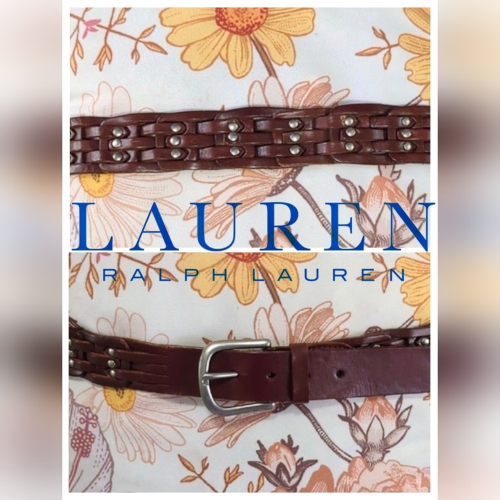Lauren Ralph Lauren Brown Woven Studded Leather Belt - Size Large